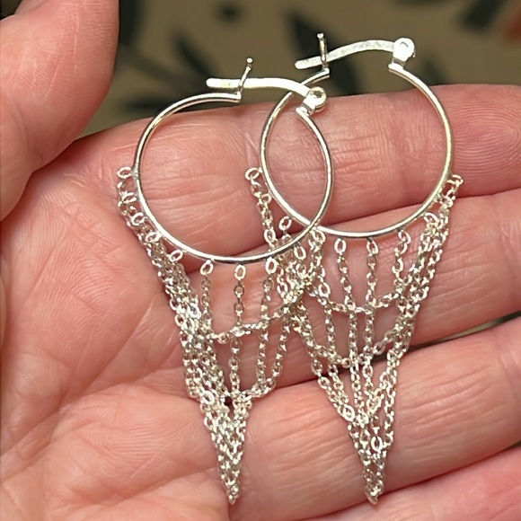 Vintage Boho Sterling Silver 925 Layered Chain Fringe Hoop Earrings - Picture 4 of 5
